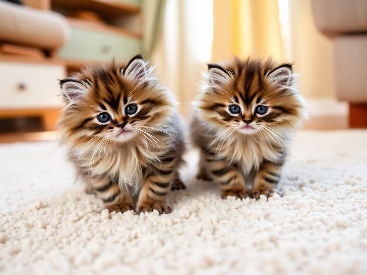 Due cuccioli di Maine Coon che giocano su un tappeto chiaro